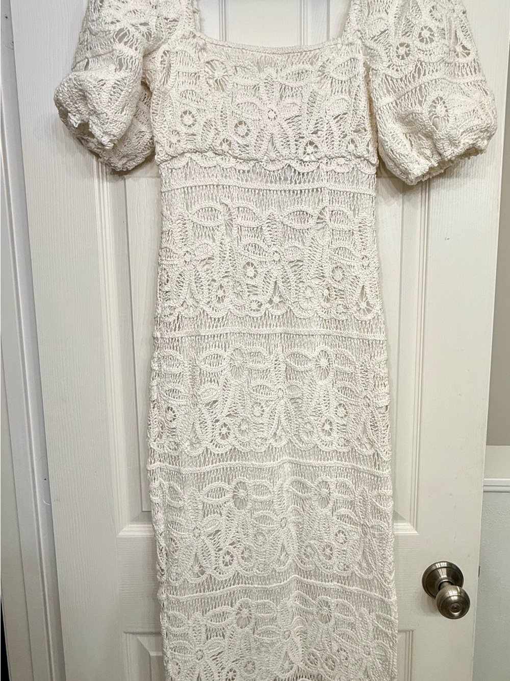 SAYLOR Ivory Crochet Midi Dress with Puff Sleeves